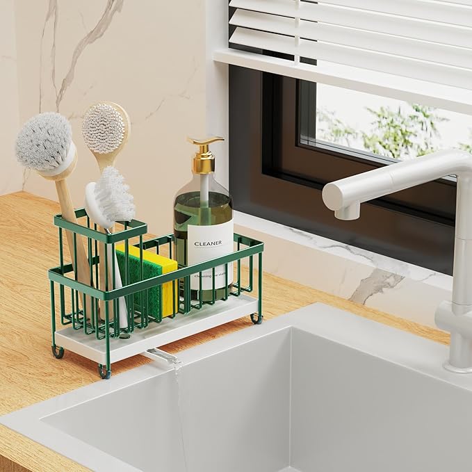 Cisily Sponge Holder for Kitchen Sink, Sink Caddy Organizer with High Brush Holder, Countertop Organizers and Storage Rustproof 304 Stainless Steel, Dark Green Kitchen Decor and Accessories-NeatNest