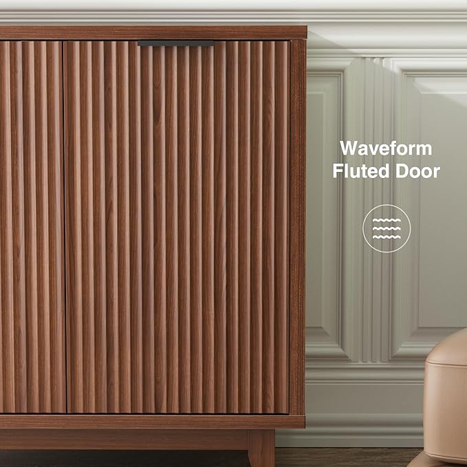 Fluted Cabinet with Storage, 2 Doors Sideboard Buffet, Mid Century Modern Accent Cabinet with Adjustable Shelves, Multifunctional Console Table with Storage for Living Room, Kitchen, Entryway