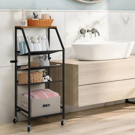 Bathroom Towel Stand Freestanding 5 Tier Metal Utility Rolling Cart with Storage for Home Kitchen Living Room Office, Rustic Brown