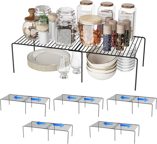 Expandable Storage Shelf, Pantry Organizers and Storage, Adjustable Rustproof Metal Wire Spice Rack, Space Saver Kitchen Storage Shelves for Pan, Pot, Countertop, Drawer, Fridge, Set of 6, Black-NeatNest
