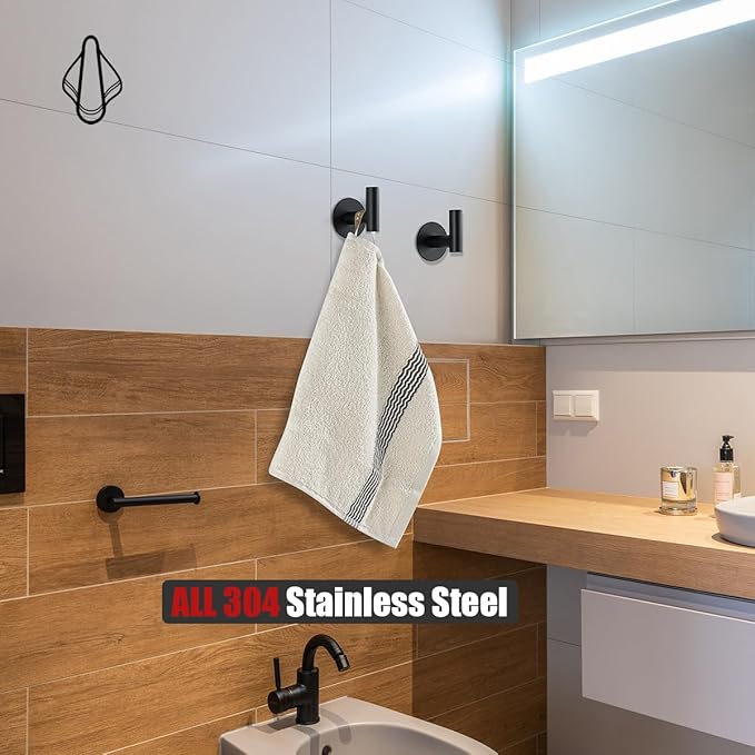JQK Self Adhesive Towel Hook Black, No Drill Stick on Coat Robe Clothes Wall Hook for Bathroom Kitchen Garage 2 Pack, 304 Stainless Steel Matte Black, ATH110-PB-P4