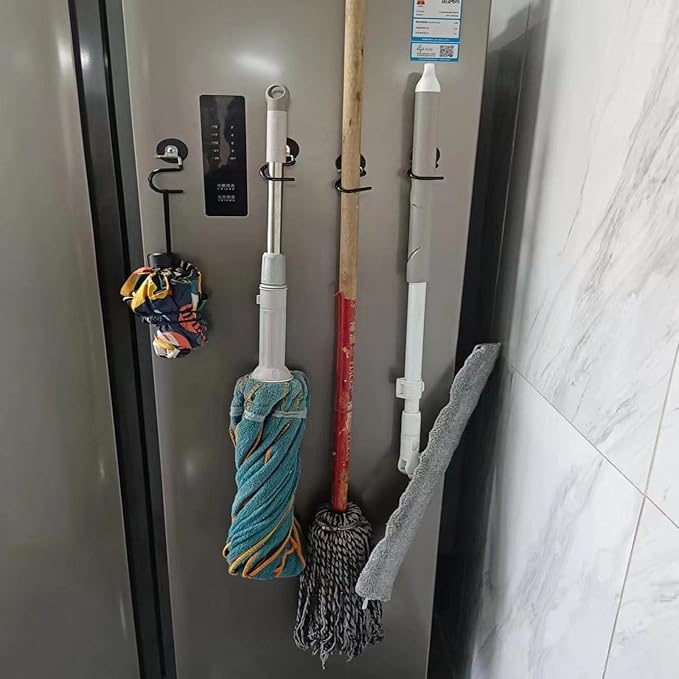2PCS Magnetic Broom Rack Magnetic Hook S-Shaped Wall-Mounted Stainless Steel Heavy Duty Broom Mop Handle Holder for Kitchen Garage