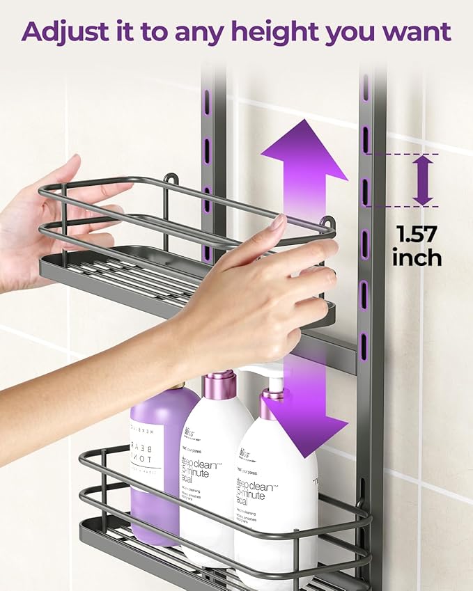 ODesign 3 Tier Height-Adjustable Shower Caddy Hanging Anti-Swing-Over The Shower Head Caddy-Showe r Storage Organizer Bathroom Shelves Basket Caddies-Grey