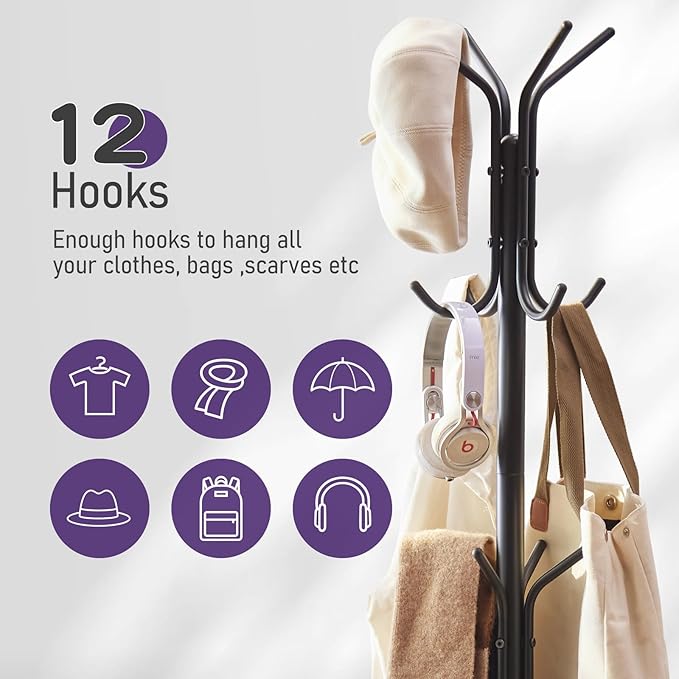 Coat Rack Freestanding,Entryway Hanger Stand,Umbrella Holder,Hall Tree With 12 Hooks, Floor Standing Metal Tree Stand,Black-NeatNest