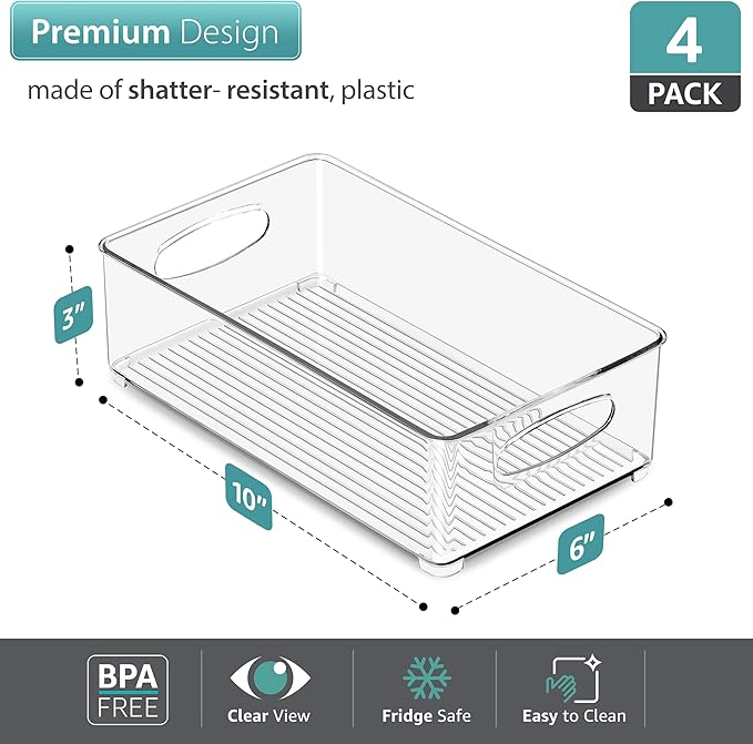 Sorbus Stackable Refrigerator Organizer Bins - Clear Storage Bins for Kitchen Pantry, Freezer & Fridge Organization - Food Organizing Plastic Containers with Handles for Countertops & Drawers (4 Pack)-NeatNest