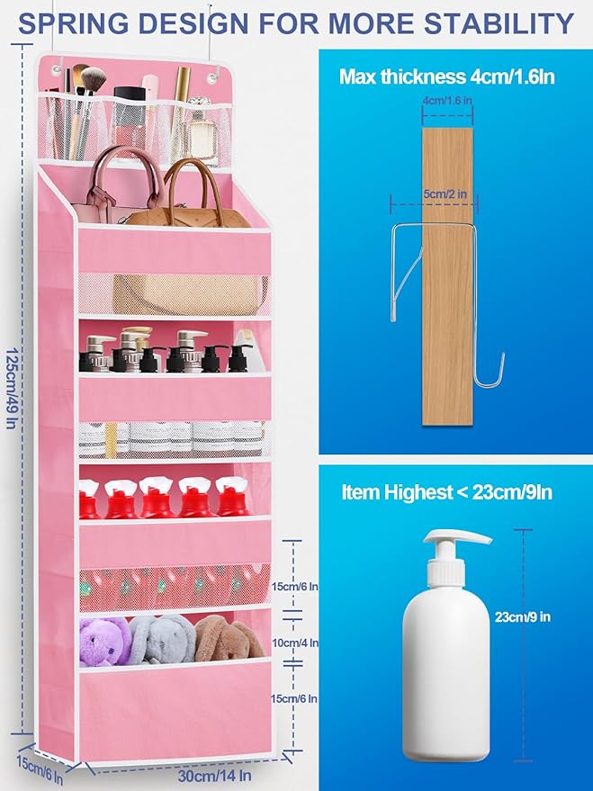 2 Pack Over The Door Organizer, Hanging Storage Organization with Large Capacity Pockets, Swing-Proof Behind Door Storage Shelf for Kicthen Bedroom Nursery Kids Toys Shoes,Pink