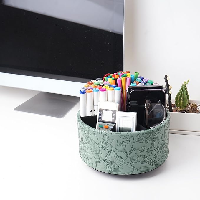 Hennaja Remote Control Holder, 360°Spinning PU Leather Desk TV Remote Caddy,Desk Storage Box Room Accessories for Controller, Media,Mail,Calculator, Mobile Phone,Pencil(1-Carved Green2)-NeatNest