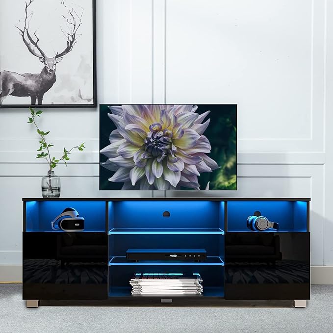 High Glossy LED Black TV Stand for 55/60/65 inch TV,Modern LED Entertainment Center with Adjustable Storage Shelves,Game Console Entertainment Center,TV Table Media Furniture (57inch, Black)-NeatNest