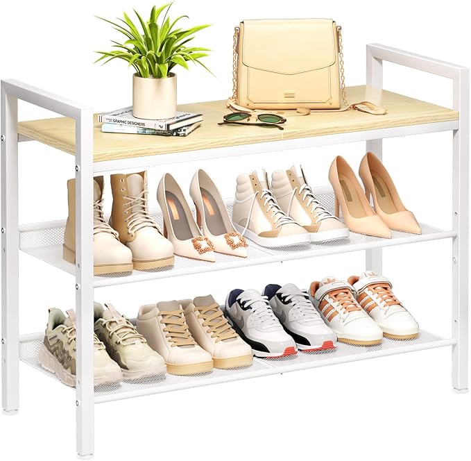Shoe Rack for Front Door Entrance, 3 Tier Shoe Rack for Entryway, Shoe Shelf for Closet, Metal Shoe Racks Organizer with Sturdy Wooden Top & Steel Frame,(White+Beige)-NeatNest