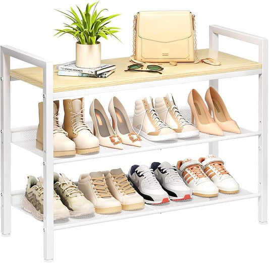 Shoe Rack for Front Door Entrance, 3 Tier Shoe Rack for Entryway, Shoe Shelf for Closet, Metal Shoe Racks Organizer with Sturdy Wooden Top & Steel Frame,(White+Beige)-NeatNest