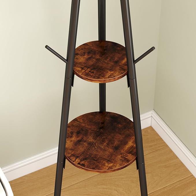 HOMEFORT Coat Rack, Coat Hanger Stand with 2 Shelves, Freestanding Hall Tree, Metal Hat Hanger with 12 Hooks for Clothes Hats and Scarves, Black and Rustic Brown,15.7" Wx15.7 Dx72.8H-NeatNest