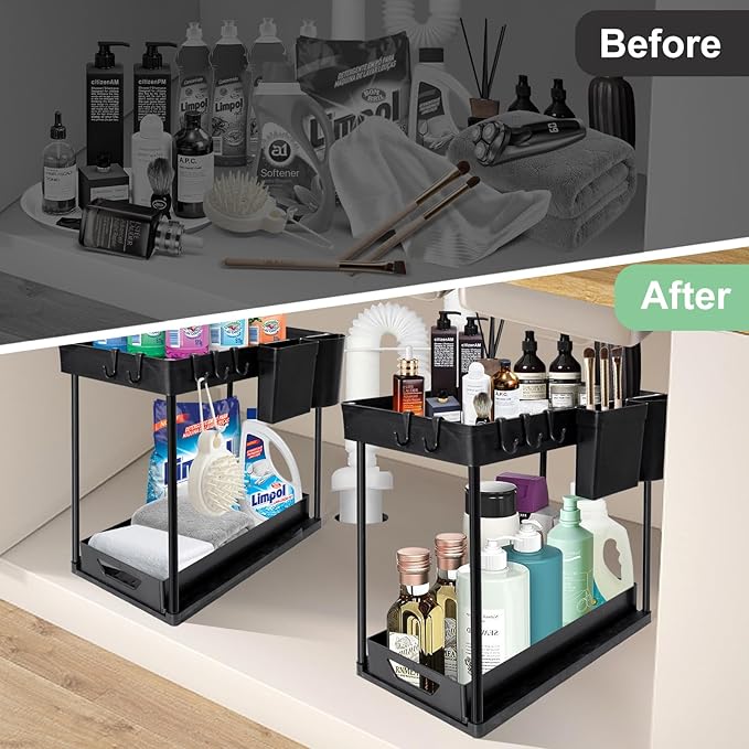Under Sink Organizers Rack, 2 Tier Under Kitchen Organizer with Sliding Basket and Hooks, Multi-Purpose Bathroom Cabinet Organizers (Black)-NeatNest