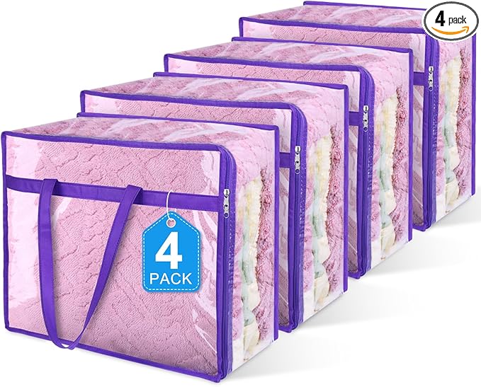4 Pack Clear Zippered Storage Bags for Clothes, Closet Organizers and Storage Vinyl Bag for Bedding, Linen, Blankets, Comforters, Clothes & Toys Multi Purpose & Space Saver PVC Organizers-NeatNest