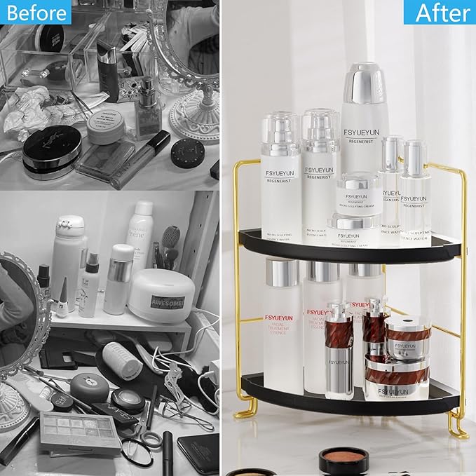 FSyueyun 2-Tier Corner Bathroom Counter Organizer, Tool-Less Installation Vanity Shelf Small Plastics Countertop Makeup Tray Skincare Perfume Organizers (Gold & Black)-NeatNest