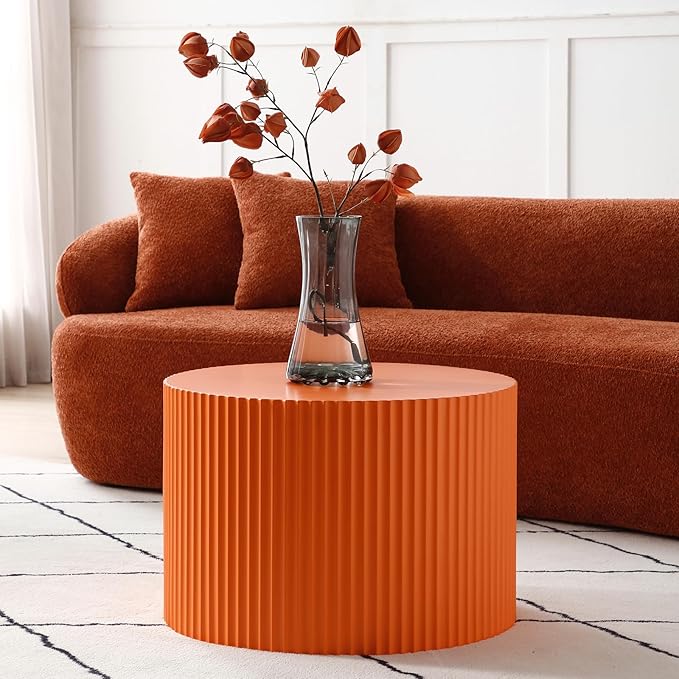 Round Coffee Table Set of 2, Modern Handcraft Nesting Table Wood Side Table Drum Accent End Table Embossed Design Circular Coffee Table Set for Living Room Bedroom, Orange