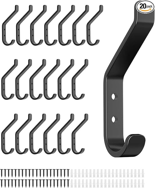 20-Pack Wall Hook for Hanging Coat - 20LB (Max), Stainless Hooks for Towel, Hat, Backpack, Clothes, Wall Mounted Coat Hanger for Closet, Metal, Black