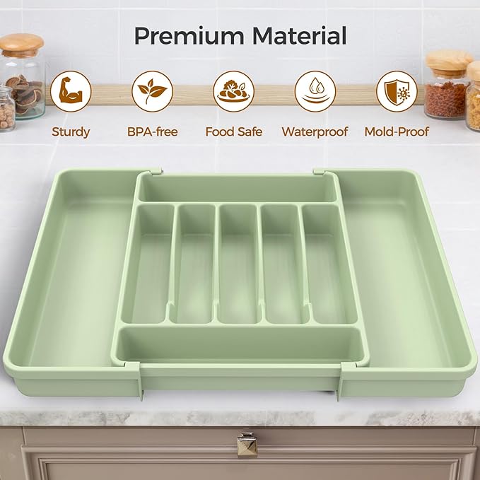 Extra Large Expandable Silverware Organizer, BPA-Free Food-Safe Cutlery Flatware Organizer, Kitchen Utensil Drawer Organizer, Adjustable Silverware Holder for Spoons Forks Knives, Green-NeatNest