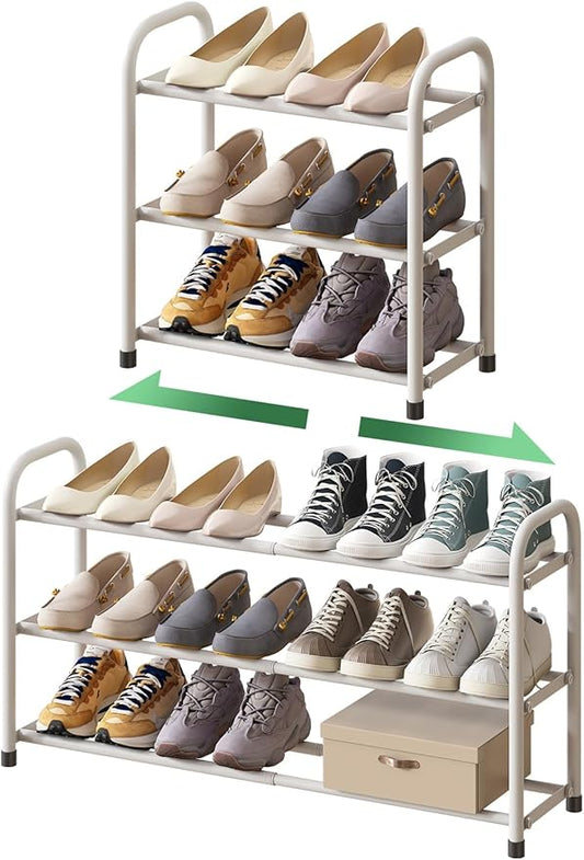 White Shoe Rack for Closet, 3-Tier Expandable Shoe Organizer for Closet, Metal Adjustable Black Shoe Shelf Storage Organizer, Free Standing Shoe Rack for Entryway Doorway-NeatNest