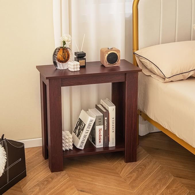 GOFLAME 24” Side Table, 2-Tier Rectangular End Table with Storage Shelf, Multipurpose Night Stand for Bedroom, Living Room, Brown