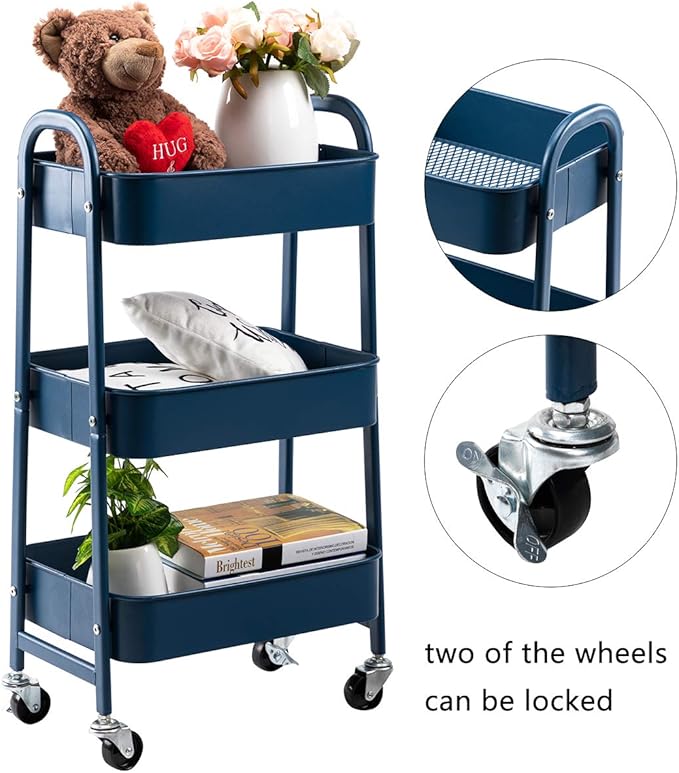 AGTEK Makeup Cart, Movable Rolling Organizer Cart, 3 Tier Metal Utility Cart,Navy Blue-NeatNest