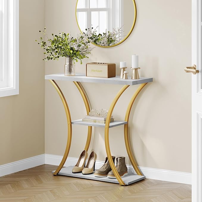 Hoctieon 3 Tier Console Table with Open Wood Shelves, Decorative Entryway Table with Curved Metal Frames, Narrow Sofa Table for Entrance, Living Room, Hallway, Gold and White Marbled-NeatNest