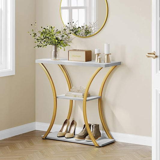 Hoctieon 3 Tier Console Table with Open Wood Shelves, Decorative Entryway Table with Curved Metal Frames, Narrow Sofa Table for Entrance, Living Room, Hallway, Gold and White Marbled-NeatNest