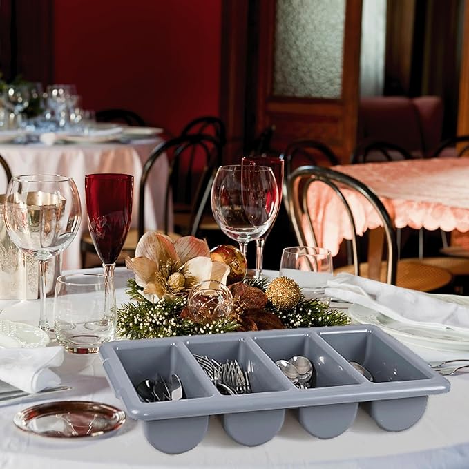 4 Pack Plastic Commercial Cutlery Tray, 4-Compartment Silverware Organizer Bin, Grey