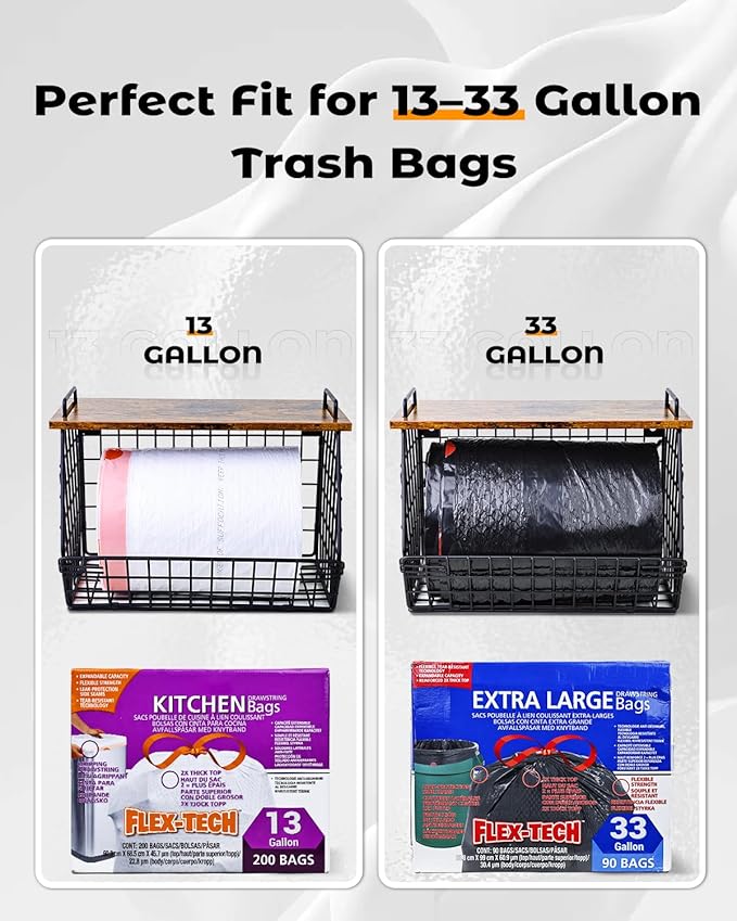 Extra Large Trash Bag Holder Under Sink, Wall Mounted Garbage Bag Dispenser Roll Holder for 13/33 Gallon Trash Bags, Kitchen/Pantry/Laundry Room Organization Basket Storage Bin, Tool-Free Assembly