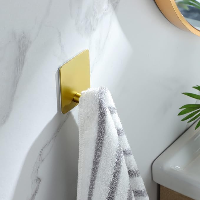 DELITON Gold Towel Hooks- 4 Pack Adhesive Hook for Coat Robe Clothes Stick on Bathroom Wall Brushed Gold Finish Heavy Duty, Stainless Steel-NeatNest