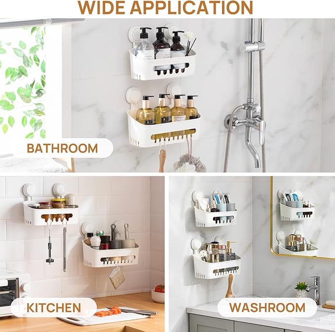 LEVERLOC Shower Caddy Suction Cup 2 Pack, Shower Organizer Removable Bathroom Shelf, Storage Suction Powerful Max Hold 22lbs Bathroom Caddy Waterproof Holder, White-NeatNest