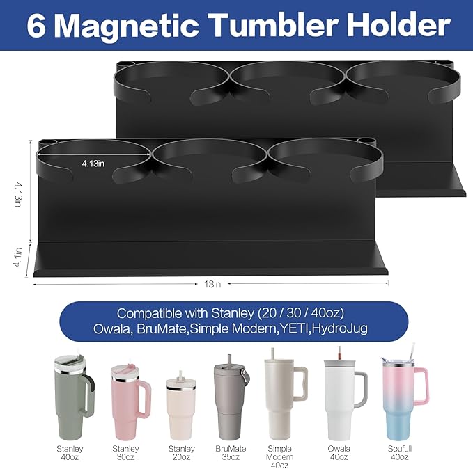 KALYLOC 2 Packs Magnetic Cup Holder for Stanley Cup 30/40 oz, Water Bottle Organizer for Stanley Cup Accessories with 6 Hook for Fridge, Tumbler Holder Organizer Storage Rack for Kitchen Cabinets
