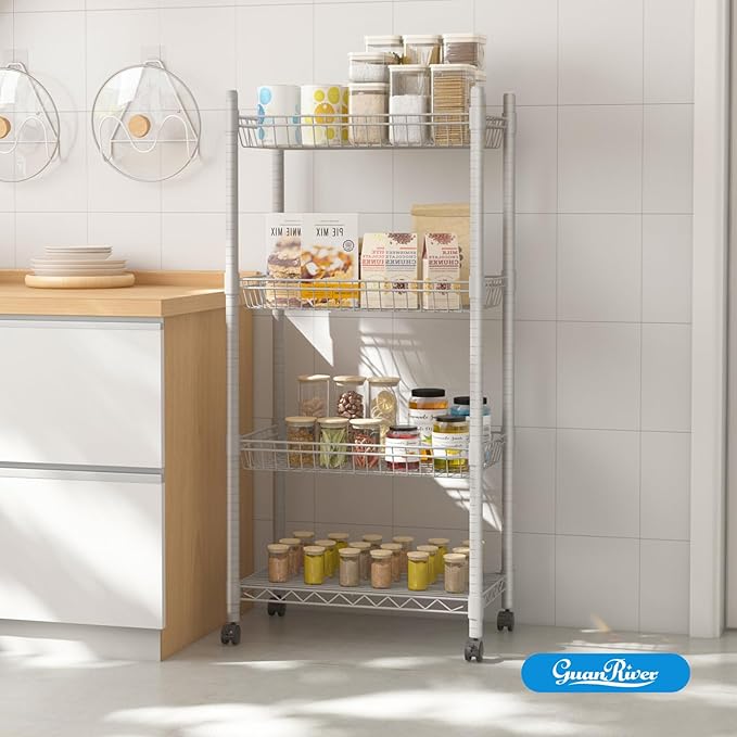 4 Tier Wire Shelving Wire Basket Shelf Storage Cart Adjustable Metal Shelf 2 Bottoms for Choose(Castor or Leveling Feet) for Office,Kitchen,Bedroom,Silver(23.23" L x 13.11" W x 49.21" H)