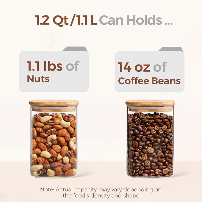 ComSaf Glass Storage Containers with Lids, 1.2 Qt Glass Jars with Lids, Clear Food Storage Jar, Canister For Pantry Cookie Flour Cereal Rice Sugar Tea Coffee Beans Spice, Square Set of 4-NeatNest