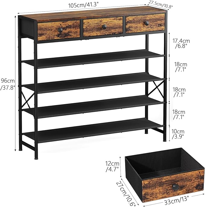 Shoe Rack, 5 Tier Shoe Organizer with 3 Drawers, Metal Shoe Storage for 24-30 Pairs of Shoes with Fabric Shelves and Wooden Top, Narrow Shoe Shelf for Closet Entryway Rustic Brown-NeatNest