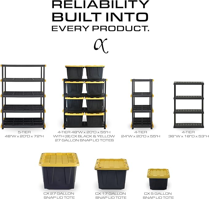 BLACK & YELLOW, 4-Tier Heavy Duty Plastic Storage Shelving Unit, 200lbs/shelf (55"H x 48"W x 20"D), for Indoor/Outdoor Organization, Modular Rack-NeatNest