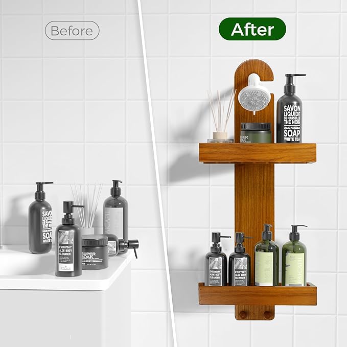 Utoplike Teak Shower Caddy Hanging, Shower Organizer Over Shower Head, Wooden Bathroom Shelf Holder with Hooks for Shampoo, Soap, Towels, No Drilling