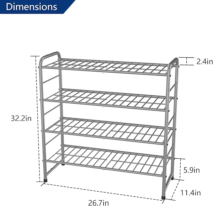 4-Tier Stackable Shoe Rack,Expandable & Adjustable Shoe Organizer Storage Shelf,High Capacity,Wire Grid,Silver-NeatNest