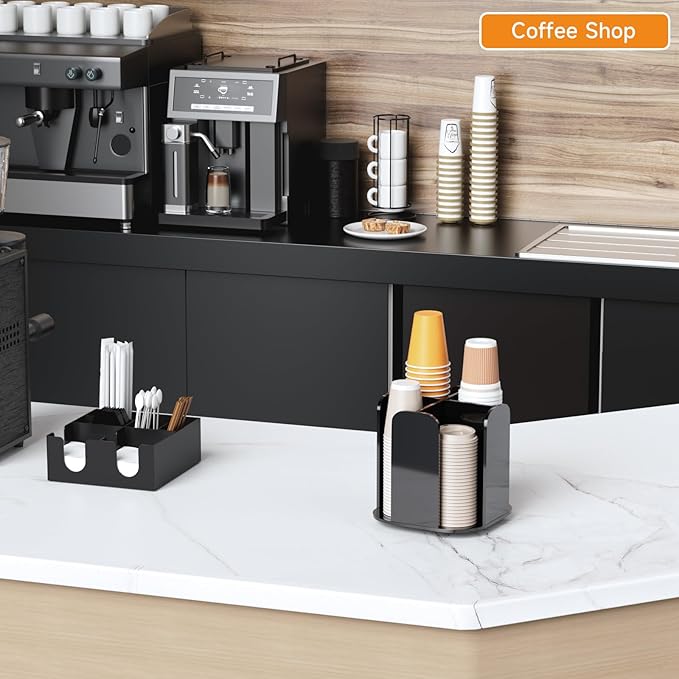 Beego Coffee Cup Holder Organizer - Rotatable 4 Compartments Black Acrylic Cup Dispenser Station With Lid Carousel - Countertop Plastic Cup Holder for Restaurant Breakroom Bar Accessories-NeatNest