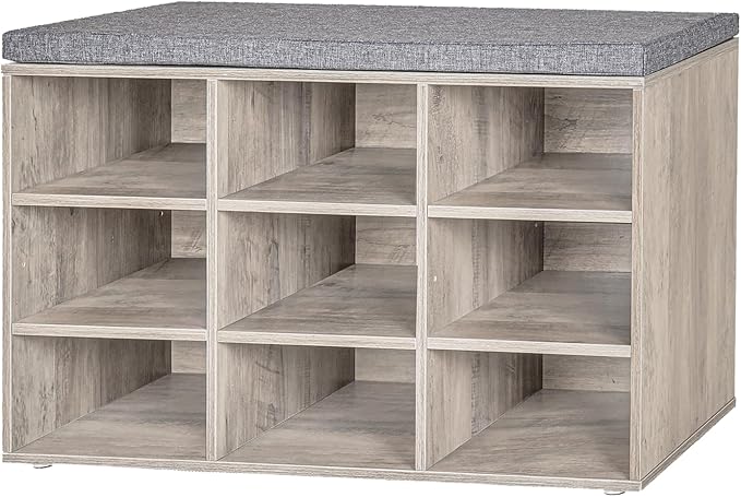 DINZI LVJ Shoe Bench, 9 Cubbies Shoe Organizer for Entryway, Storage Bench with Cushion, Cubby Shoe Rack with Adjustable Shelves for Living Room, Bedroom, Mudroom, Hallway, Greige-NeatNest