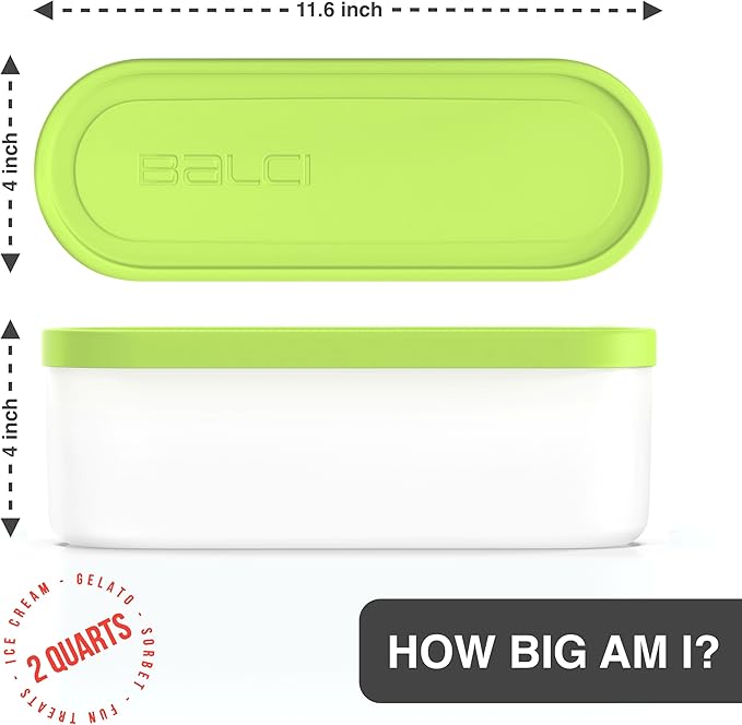 BALCI - Ice Cream Container - 2 Quart - Perfect Reusable Freezer Storage for Homemade Ice Cream Tubs for Sorbet, Frozen Yogurt and Gelato! - Flexible Silicone Lids, Long Scoop, Stackable - Green