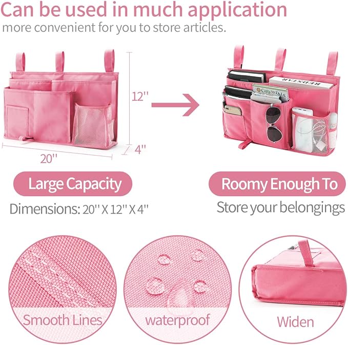 Bseash Bunk Bed Organizer, Bedside Caddy Hanging Bed Organizer Storage Bag 8 Pockets, for College Dorm Rooms Bed, Hospital Bed, Baby Bed Rails, 600D Oxford Cloth (Pink)-NeatNest