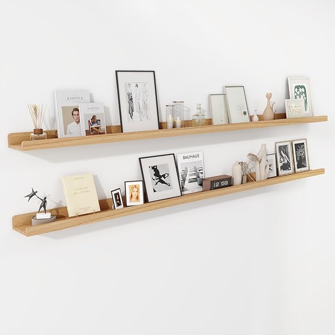 72 Inch Floating Shelves for Wall | Natural Wood Ledge Shelf Set of 2 | Solid Ash Wood Picture Ledge Shelves with Lip | Picture Shelf for Wall with Ledge | Photo Ledge Shelves-NeatNest