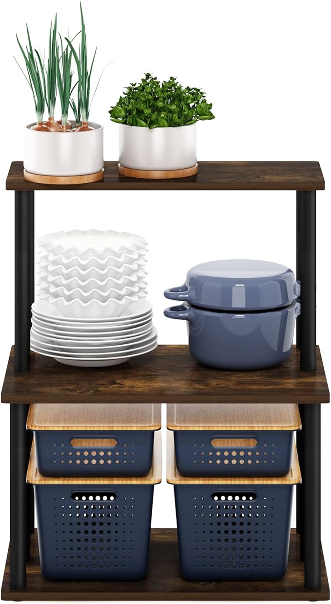 Furinno Turn-N-Tube 3-Tier Toolless Kitchen Storage Shelf, Amber Pine/Black-NeatNest