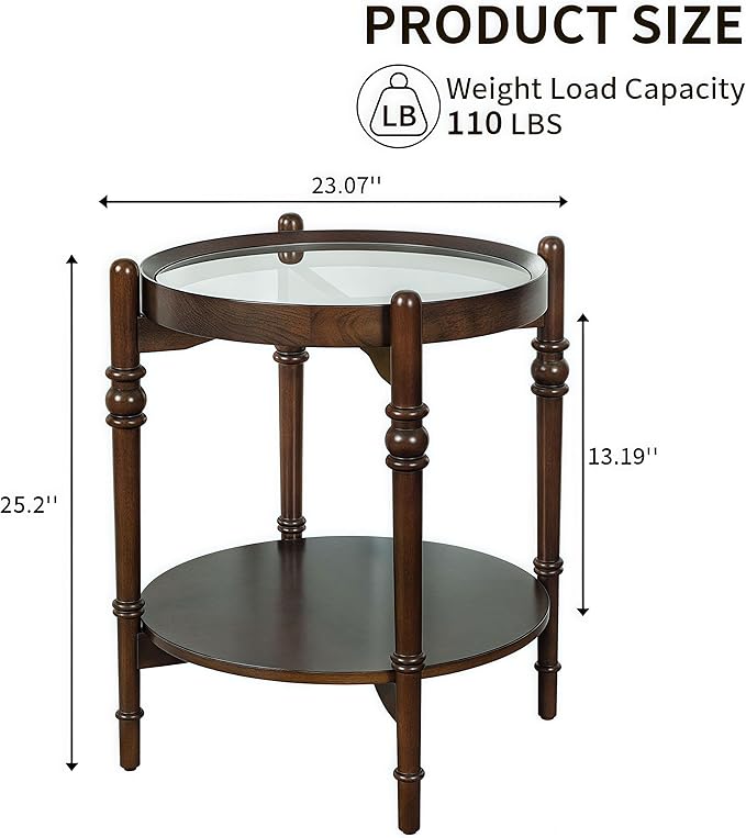 Glass End Table, 23" Round Side Tables with Tempered Glass Top and Solid Wood Frame, Small Night Stand for Living Room Office Apartment