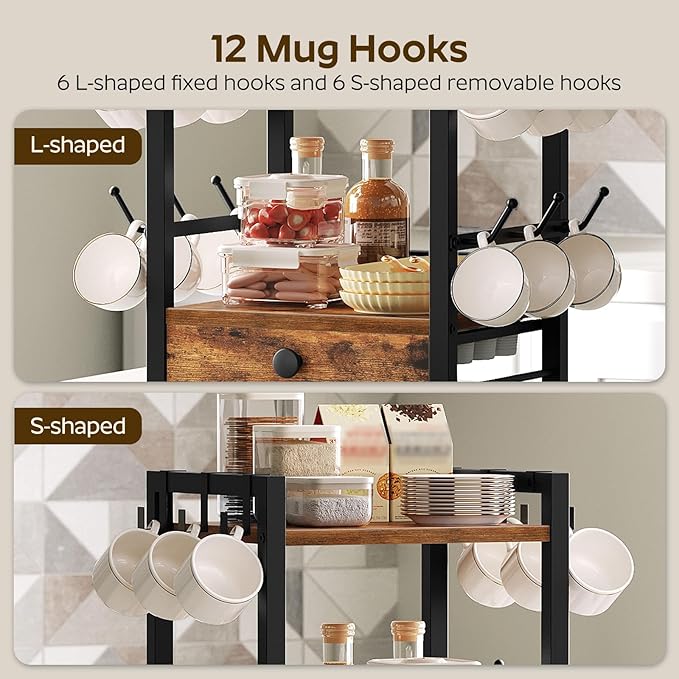 3-Tier Coffee Mug Holder with 12 Hooks, Coffee Bar Organizer, 25 Pods Capacity, Versatile Desktop Storage Rack, Space-Saving, for Kitchen, Living Room, Rustic Brown and Black MH01BR-NeatNest