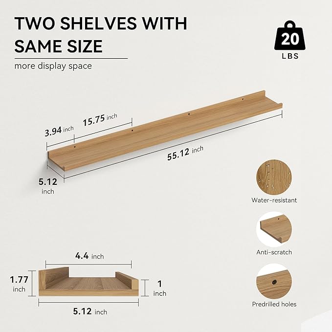 55.1 Inches Long Floating Shelves Wall Mounted, 2 Set Rustic Wall Shelf for Bedroom, Nursery Book Shelf with Lip, Picture Ledge Shelf for Wall Decor Living Room Bathroom Kitchen - Oak-NeatNest