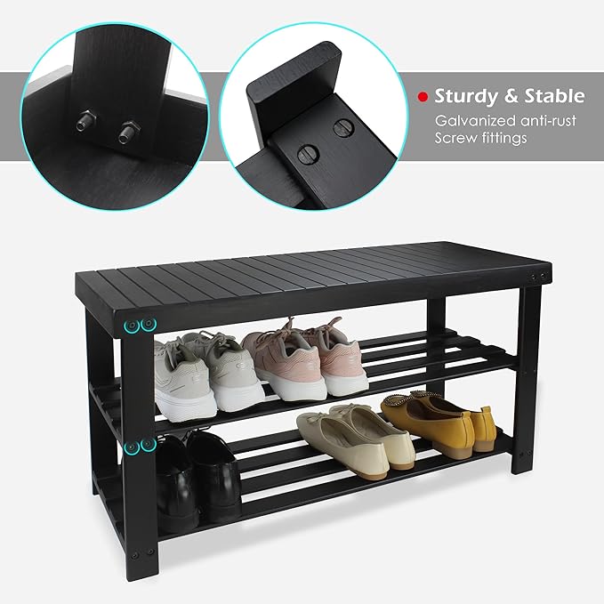 SMIBUY Bamboo Shoe Rack Bench, 3-Tier Shoe Organizer Storage Shelf for Entryway Hallway Bathroom Living Room (Black)-NeatNest