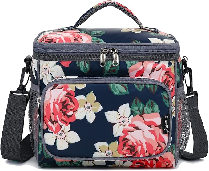 FlowFly Insulated Reusable Lunch Bag Adult Large Lunch Box for Women and Men with Adjustable Shoulder Strap,Front Zipper Pocket and Dual Large Mesh Side Pockets,Peony-NeatNest