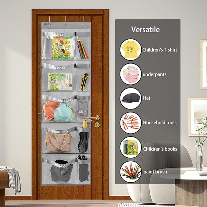 Weekly Kids Clothes Organizer Day of Week School Clothing Storage Monday to Friday Hanging Closet Organizer (Grey)-NeatNest