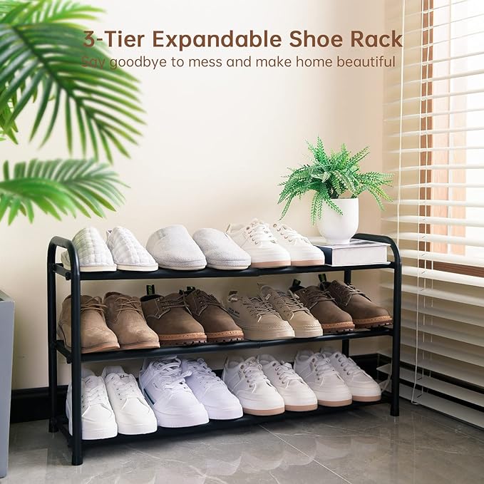 Gonfoam 3-Tier Expandable Shoe Rack,Adjustable Shoe Shelf Storage Organizer Heavy Duty Metal Free Standing Shoe Rack for Entryway Closet Doorway (Black)-NeatNest